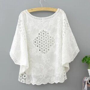 ** Cellabie Ivory White Cotton Embroidered Dolman Sleeve Prairie Boho Blouse OS